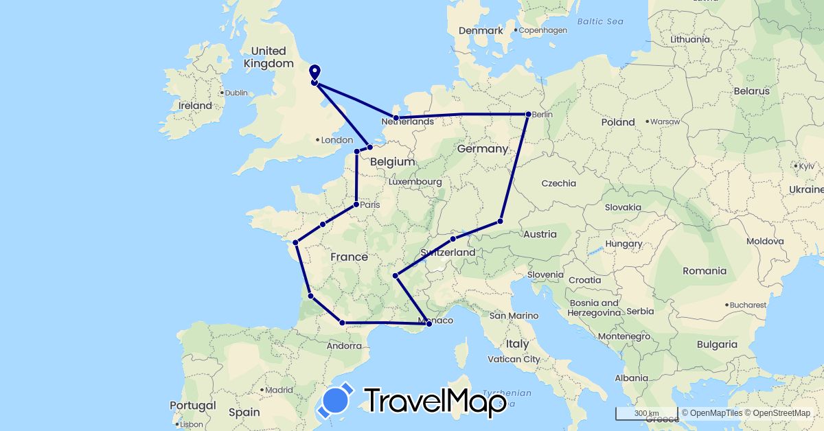 TravelMap itinerary: driving in Belgium, Switzerland, Germany, France, United Kingdom, Netherlands (Europe)